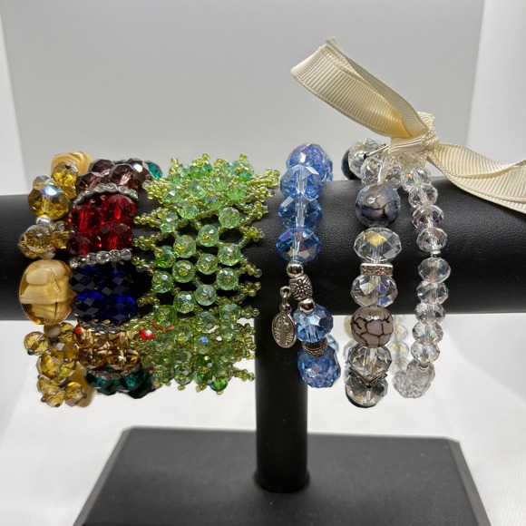 Jewelry - Lot of 5 Beaded Stretch Bracelets Crystal Glass Stone Cross Charm Multi Color